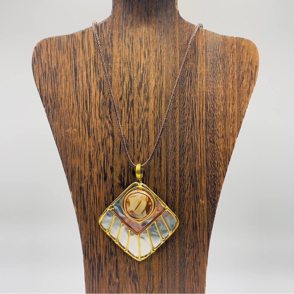 Handmade Artisan Gold, Copper and Silver Pendant Necklace with 18” Leather Cord